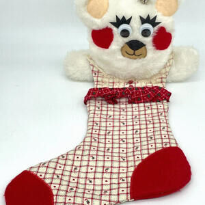 Vintage Christmas Stocking Bear Plush Googly Eyes 22" Handmade‎ CUTE